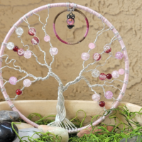pink and cherry theme wire tree of life front view owl charm accent braided trunk whispy branches